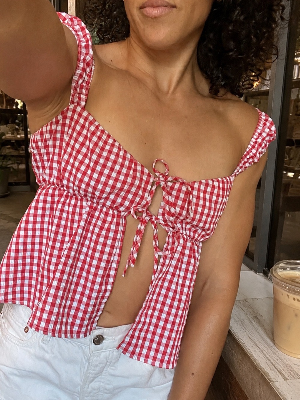 Red & White Gingham Tie Front Top sz S